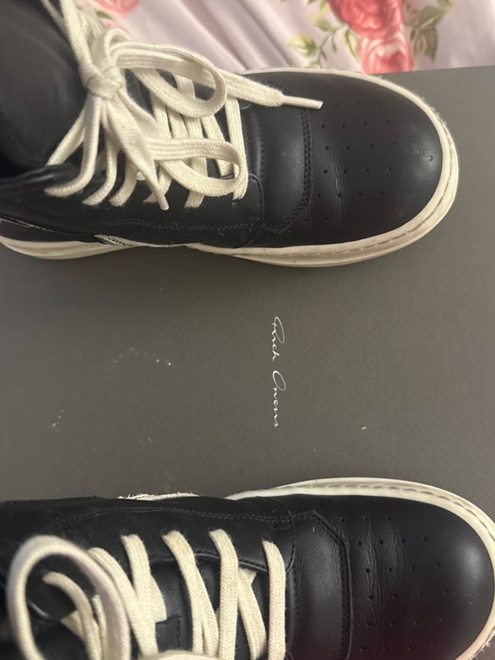 Rick Owens Black Leather Sneakers with White Laces